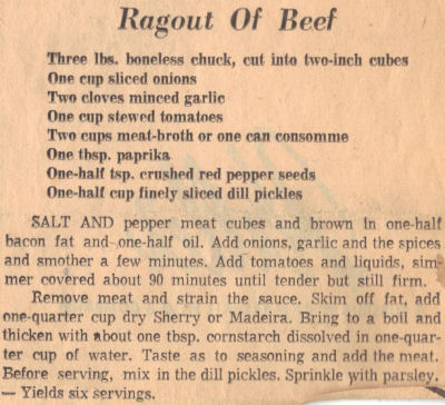 Ragout Of Beef Recipe Clipping