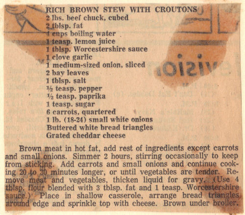 Vintage Recipe Clipping For Rich Brown Stew