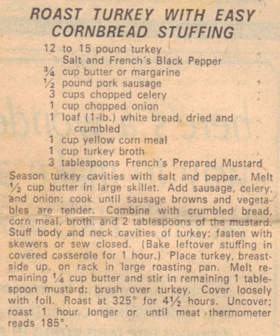 Recipe Clipping For Roast Turkey And Easy Cornbread Stuffing