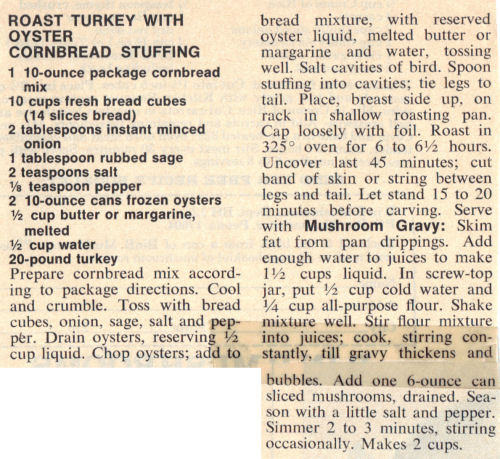 Recipe Clipping For Roast Turkey And Oyster Cornbread Stuffing
