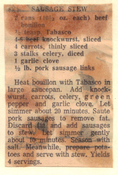 Recipe Clipping For Sausage Stew