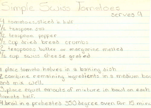 Handwritten Recipe For Simple Swiss Tomatoes