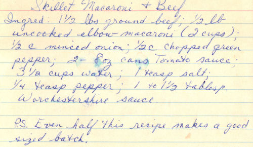 Handwritten Recipe Card For Skillet Macaroni And Beef
