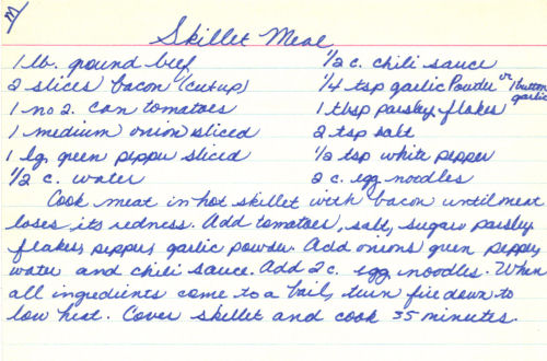 Handwritten Recipe For Ground Beef Skillet Meal