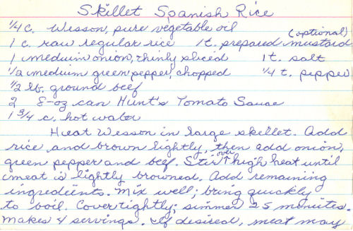 Handwritten Recipe For Skillet Spanish Rice