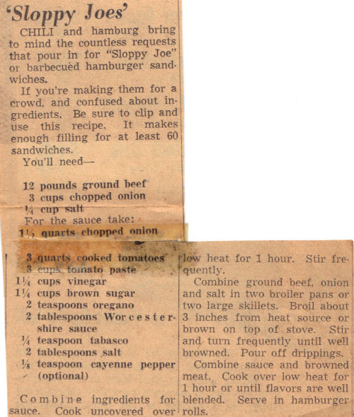 Recipe Clipping For Sloppy Joes