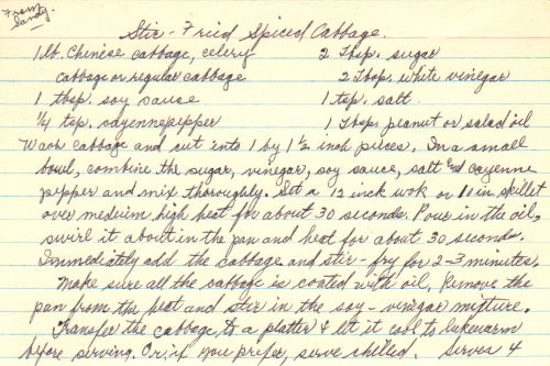 Handwritten Recipe Card For Stir-Fried Spiced Cabbage