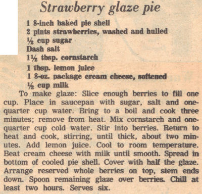 Recipe Clipping For Strawberry Glaze Pie