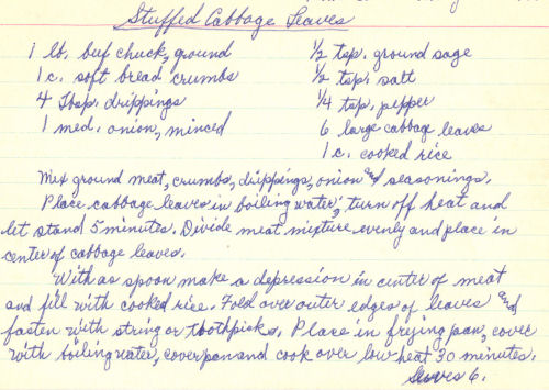 Handwritten Recipe For Stuffed Cabbage Leaves