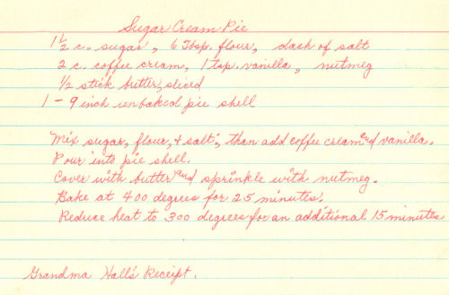 Handwritten Recipe For Sugar Cream Pie