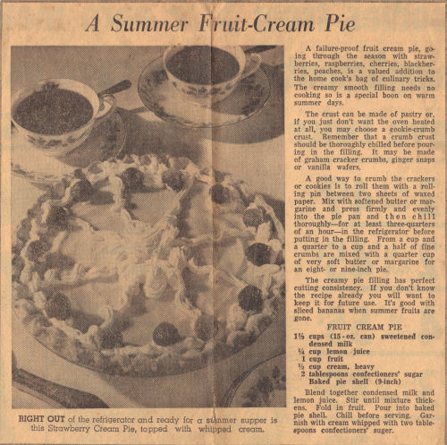 Recipe Clipping For Summer Fruit-Cream Pie