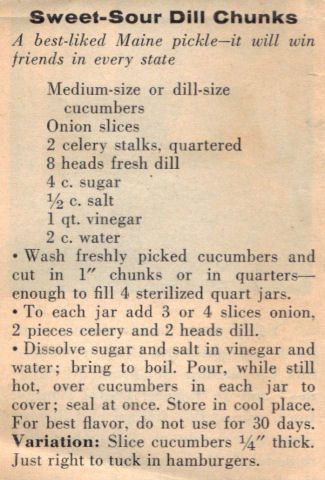 Vintage Recipe Clipping For Sweet & Sour Dill Chunks
