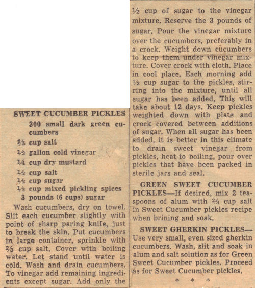 Vintage Recipe Clipping For Sweet Cucumber Pickles