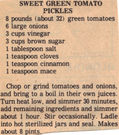 Recipe Clipping For Sweet Green Tomato Pickles