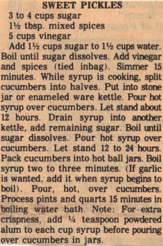 Vintage Recipe Clipping For Sweet Pickles