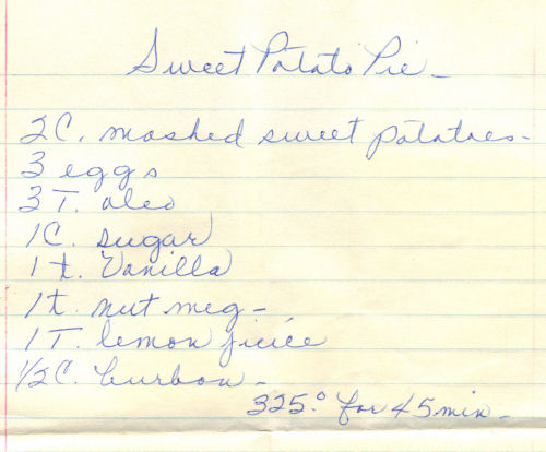 Handwritten Recipe For Sweet Potato Pie