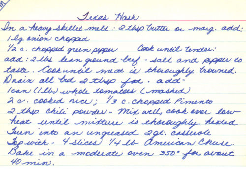 Handwritten Recipe For Texas Hash