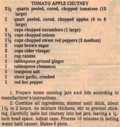 Vintage Recipe Clipping For Tomato Apple Chutney