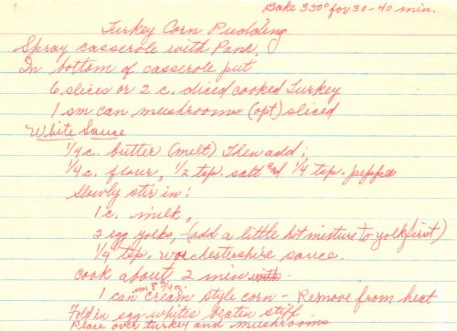 Handwritten Recipe For Turkey Corn Pudding