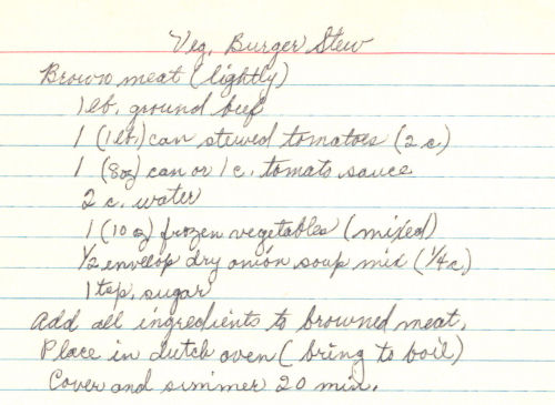 Handwritten Recipe For Vegetable Burger Stew