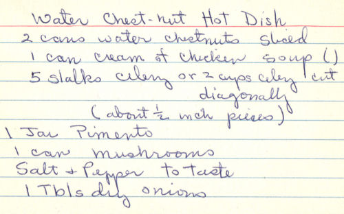 Handwritten Recipe Card For Water Chestnut Hot Dish