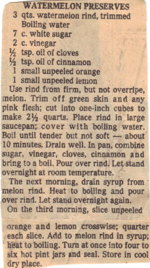 Recipe Clipping For Watermelon Preserves