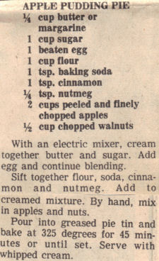 Recipe Clipping For Apple Pudding Pie