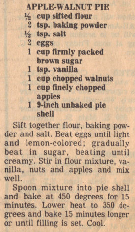 Recipe Clipping For Apple Walnut Pie
