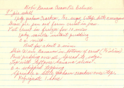 Handwritten Recipe Card For Banana Cream Pie Deluxe