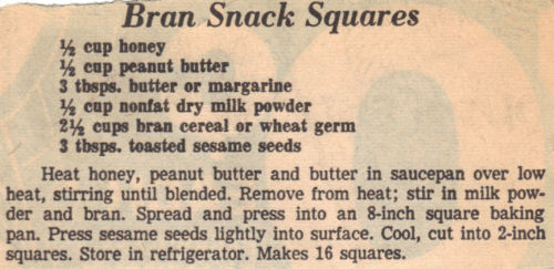 Recipe Clipping For Bran Snack Squares