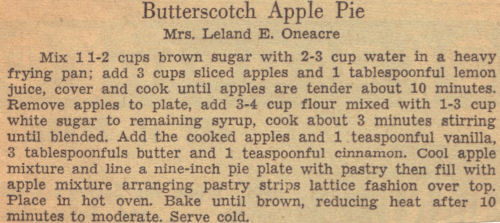 Recipe Clipping For Butterscotch Apple Pie