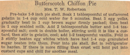 Recipe Clipping For Butterscotch Chiffon Pie