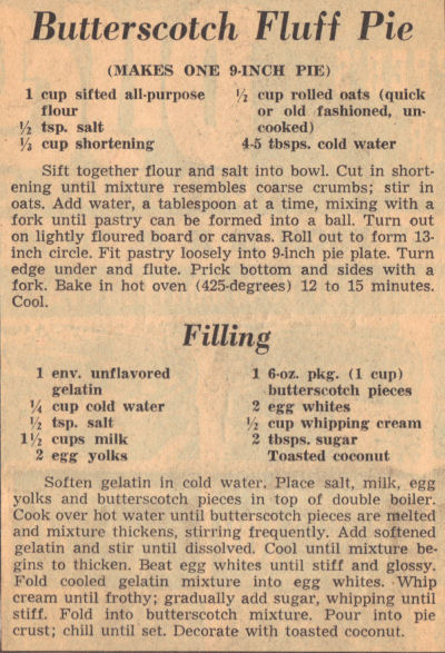 Recipe Clipping For Butterscotch Fluff Pie