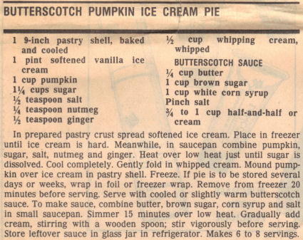 Recipe Clipping For Butterscotch Pumpkin Ice Cream Pie