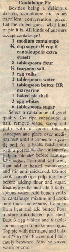Recipe Clipping For Cantaloupe Pie