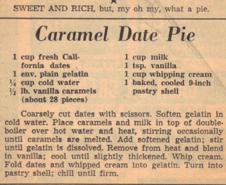Recipe Clipping For Caramel Date Pie
