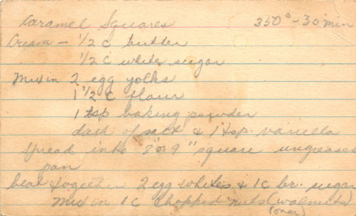 Handwritten Recipe Card For Caramel Squares