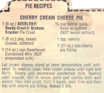 Keebler's Cherry Cream Cheese Pie Recipe Clipping