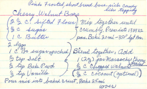 Handwritten Recipe Card For Cherry Walnut Bars