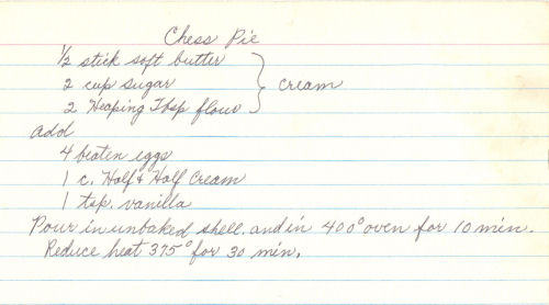 Handwritten Recipe Card For Chess Pie