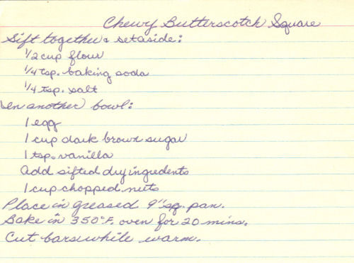 Handwritten Recipe Card For Chewy Butterscotch Squares