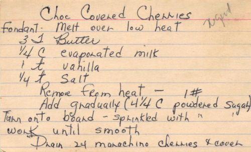 Handwritten Recipe Card For Chocolate Covered Cherries