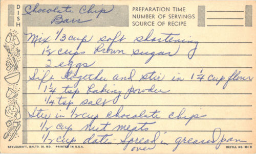 Handwritten Recipe Card For Chocolate Chip Bars