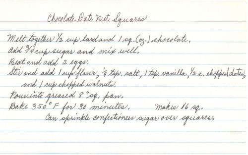 Handwritten Recipe Card For Chocolate Date Nut Squares