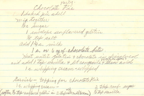 Handwritten Recipe For Chocolate Party Pie