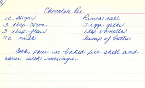 Chocolate Pie Recipe Card - Handwritten