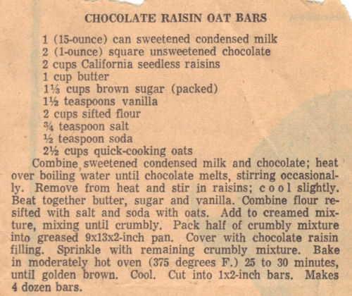 Vintage Recipe Clipping For Chocolate Raisin Oat Bars