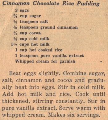 Recipe Clipping For Cinnamon Chocolate Rice Pudding