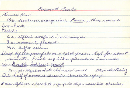Handwritten Recipe Card For Coconut Peaks