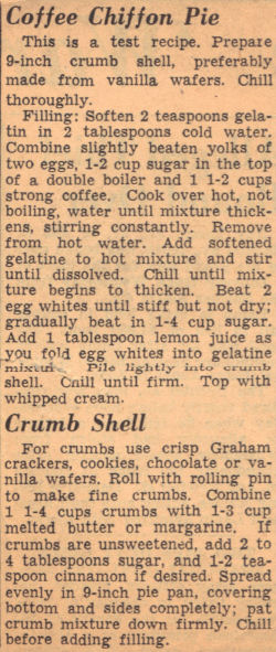 Vintage Recipe Clipping For Coffee Chiffon Pie